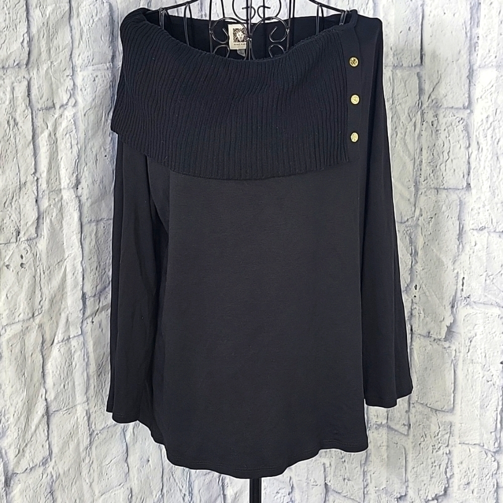 ANNE KLEIN‎ On/Off Shoulder Black Cotton Blouse Large